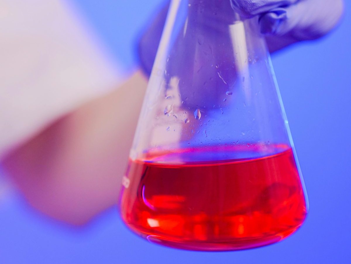 Close-up of a gloved hand holding an Erlenmeyer flask filled with red liquid, in a lab setting.