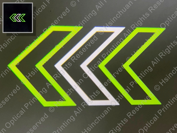 Triple arrow projection in green and white colors for directional welcome light.