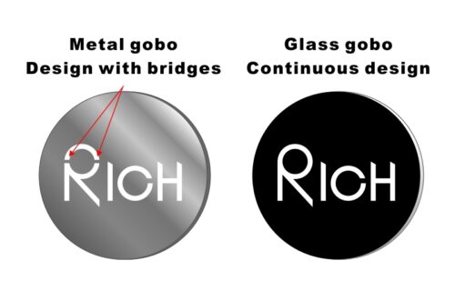 Comparison of metal and glass gobo designs. Metal gobos need bridge connections, while glass gobos show a complete pattern.