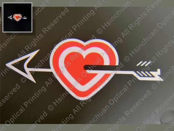 Red heart and arrow projection pattern symbolizing love, used in welcome light.