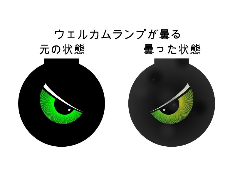 プラスチック製ウェルカムランプの曇り前後比較