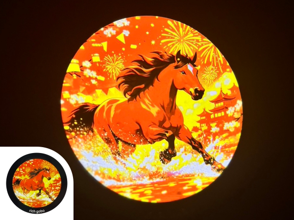 Festive horse gobo projection for Lunar New Year with horse gobo product photo in the bottom left corner