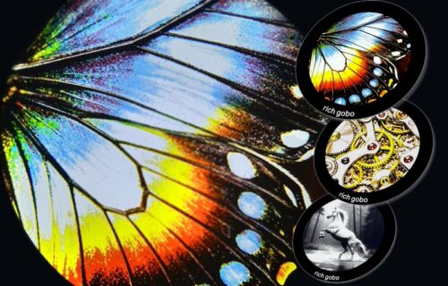 Butterfly gobo projection on stage with product photos of butterfly, gear-shaped, and white horse gobos