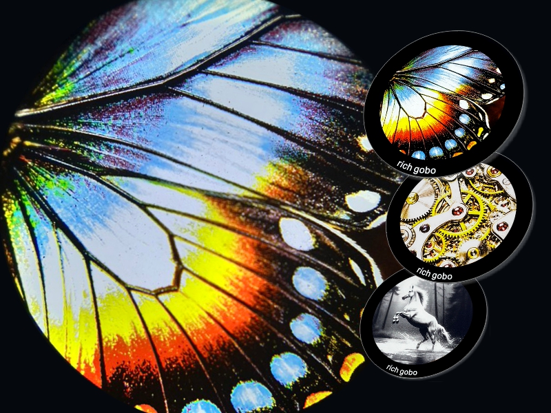 Butterfly gobo projection on stage with product photos of butterfly, gear-shaped, and white horse gobos