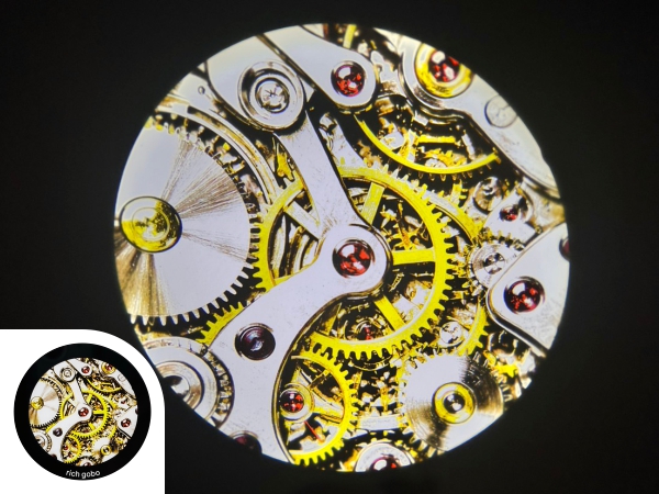 Gear-shaped gobo projection with gear gobo product photo in the bottom left corner